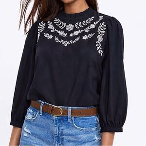 LOFT Embroidered Floral Blouse | Puff Sleeve Boho Top | LOFT Blouse | Small